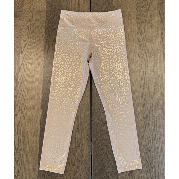 Zyia Active Gold Leopard Print Metallic Leggings Women's Sz 8/10 Blush High Rise - Picture 1 of 9